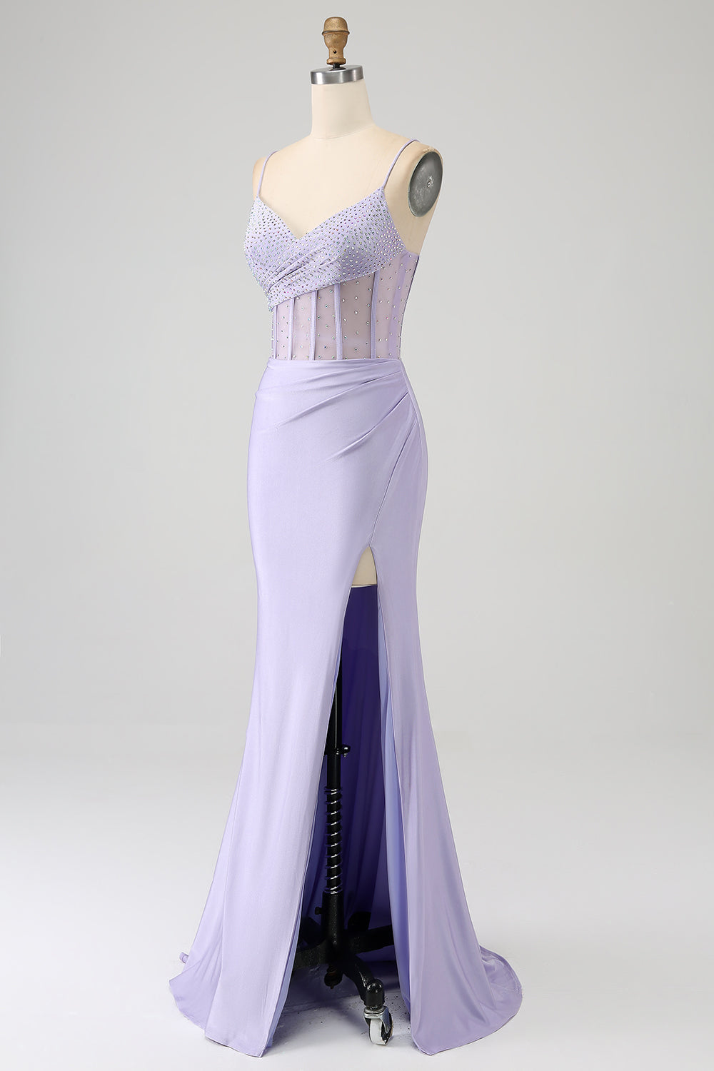 Longue robe de bal sirène corset lilas pailleté avec fente