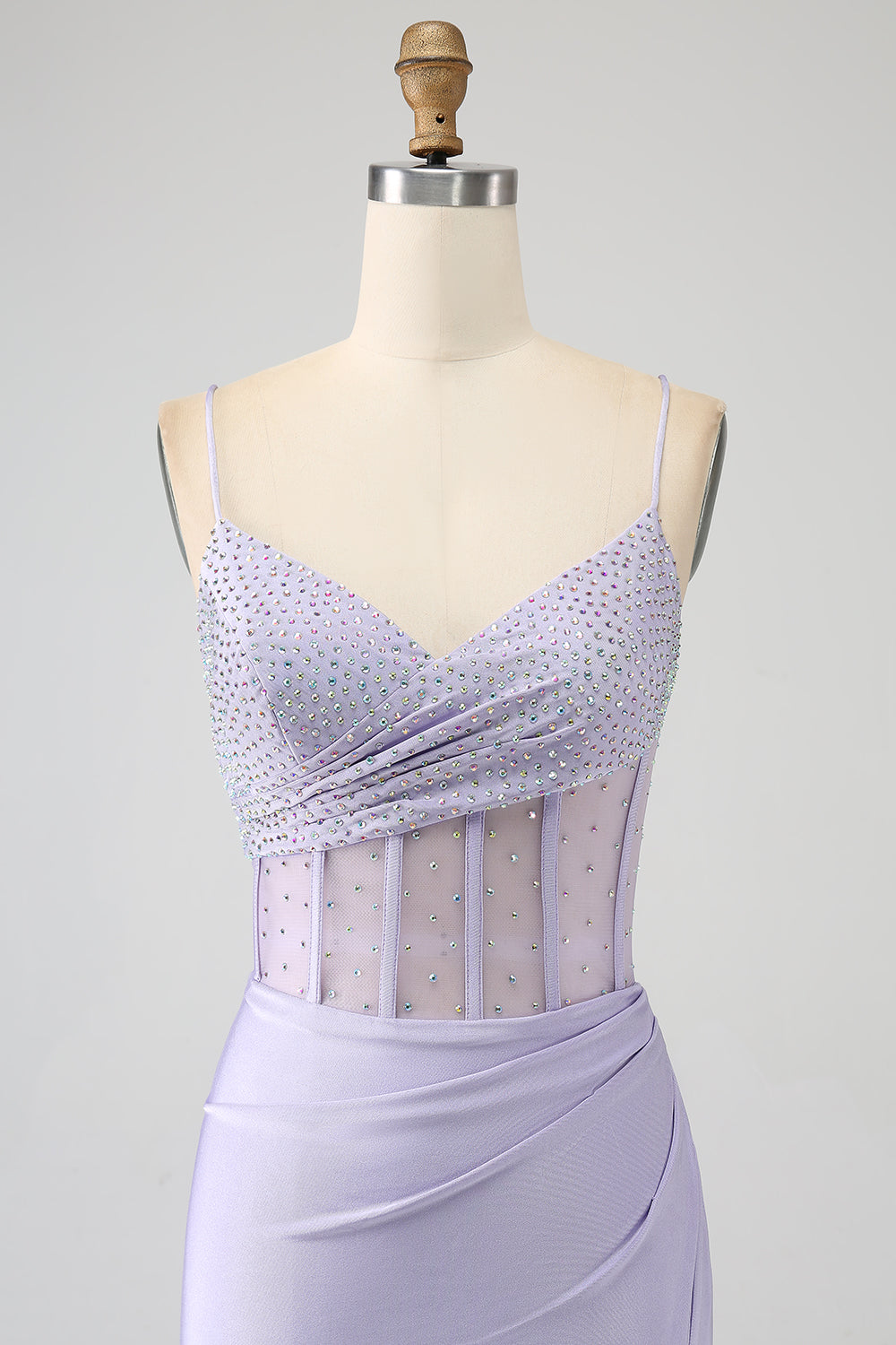 Longue robe de bal sirène corset lilas pailleté avec fente