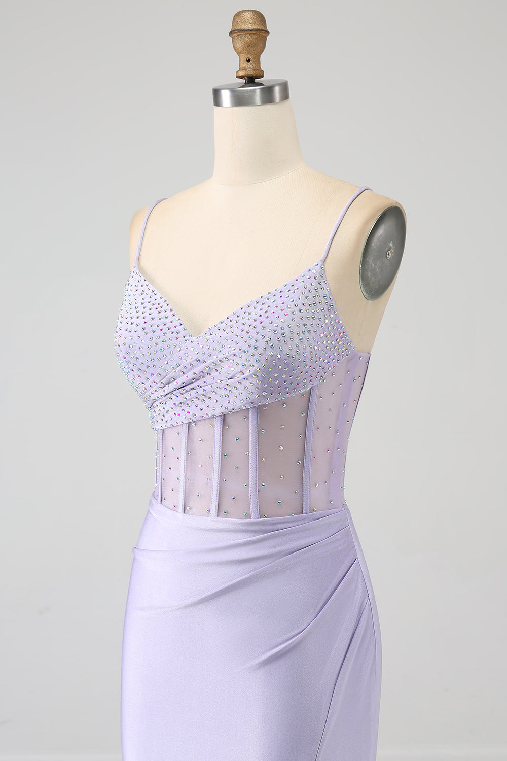 Longue robe de bal sirène corset lilas pailleté avec fente
