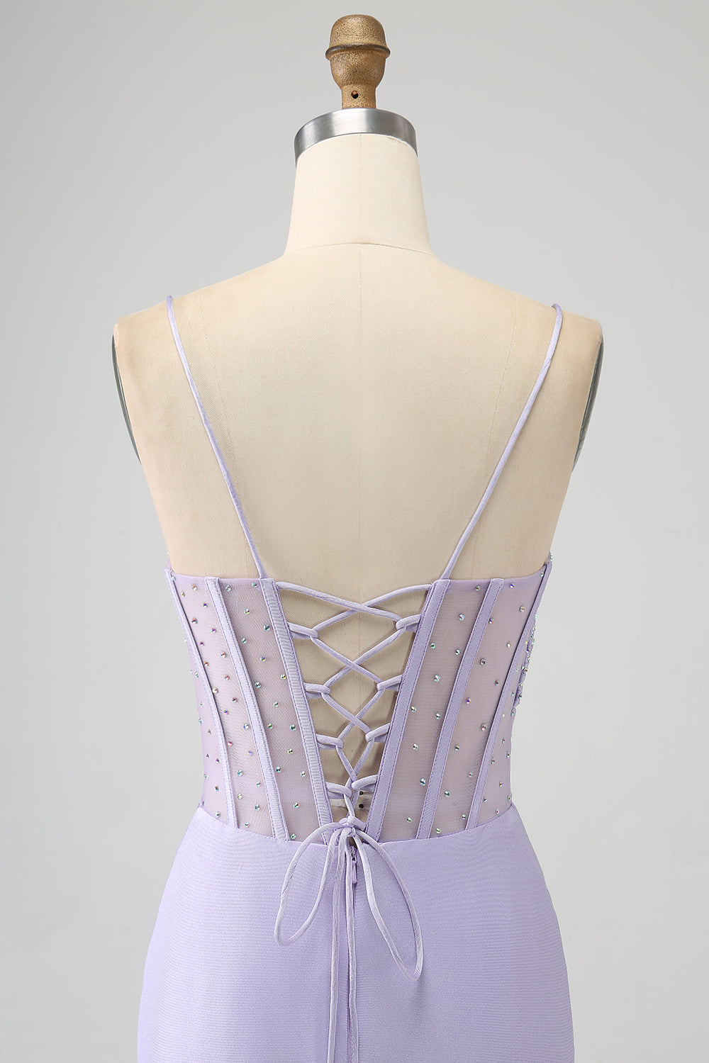 Longue robe de bal sirène corset lilas pailleté avec fente