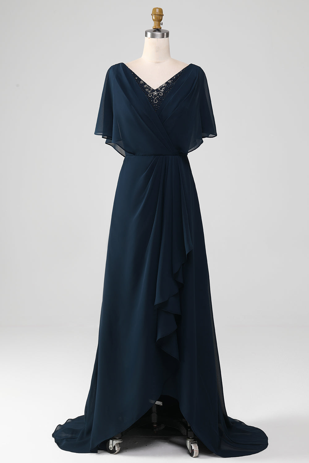 Navy A-Line V-Neck Asymmetrical Sequined Mother of the Bride Dress With Beading