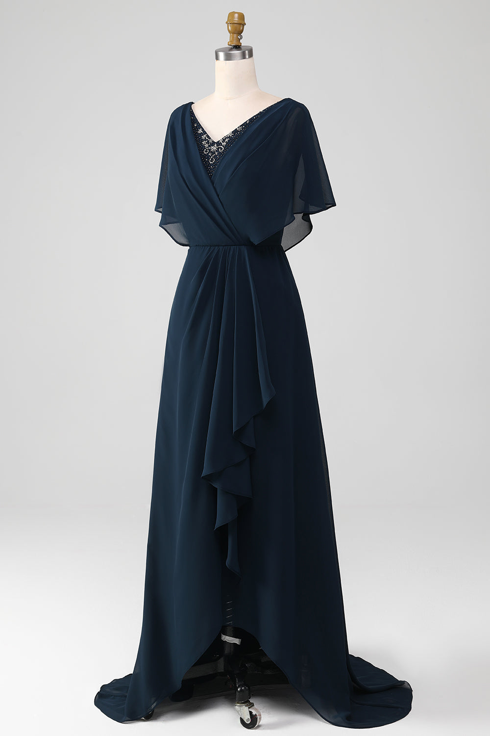 Navy A-Line V-Neck Asymmetrical Sequined Mother of the Bride Dress With Beading