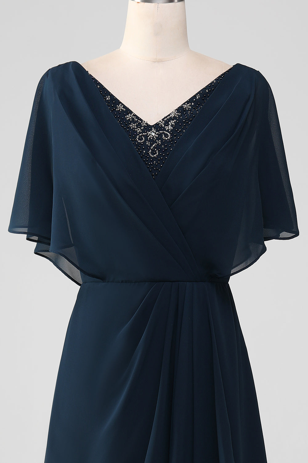 Navy A-Line V-Neck Asymmetrical Sequined Mother of the Bride Dress With Beading