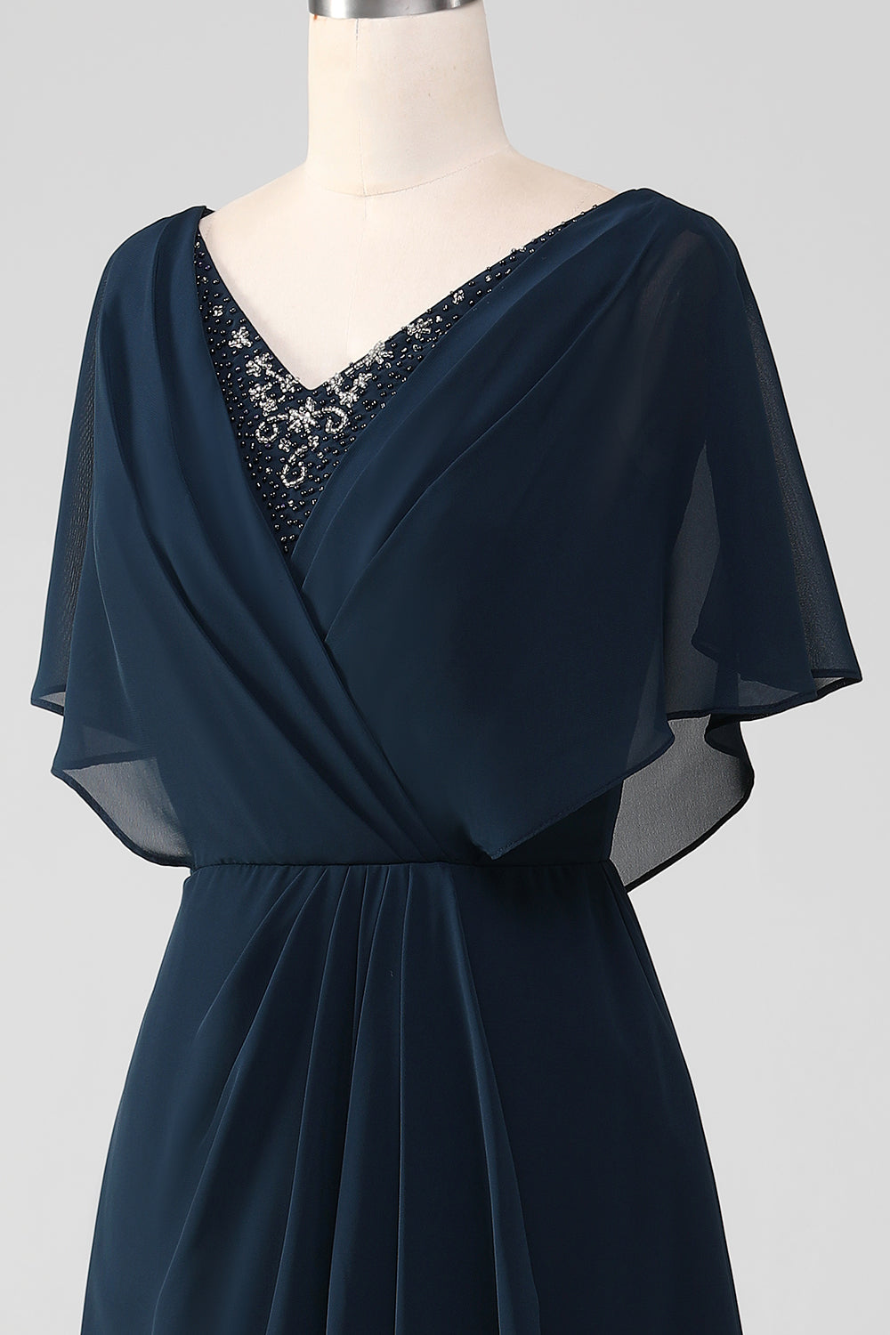 Navy A-Line V-Neck Asymmetrical Sequined Mother of the Bride Dress With Beading