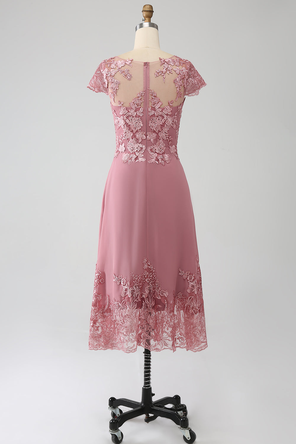 Dusty Rose A-Line Scoop Illusion Tea-Length Mother of the Bride Dress With Sequins