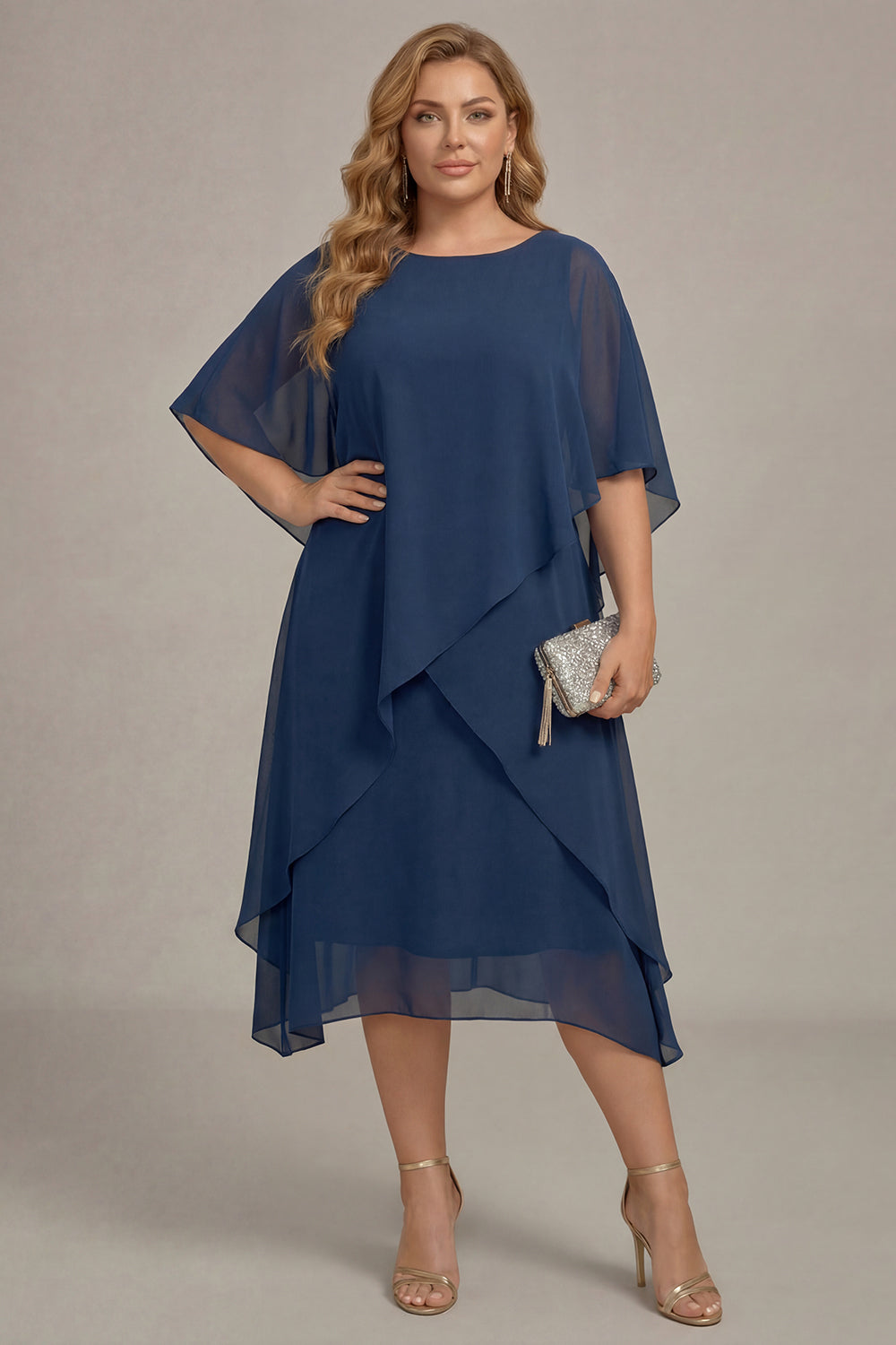 Navy Plus Size Chiffon A-Line Boat Neck Midi Mother of the Bride Dress