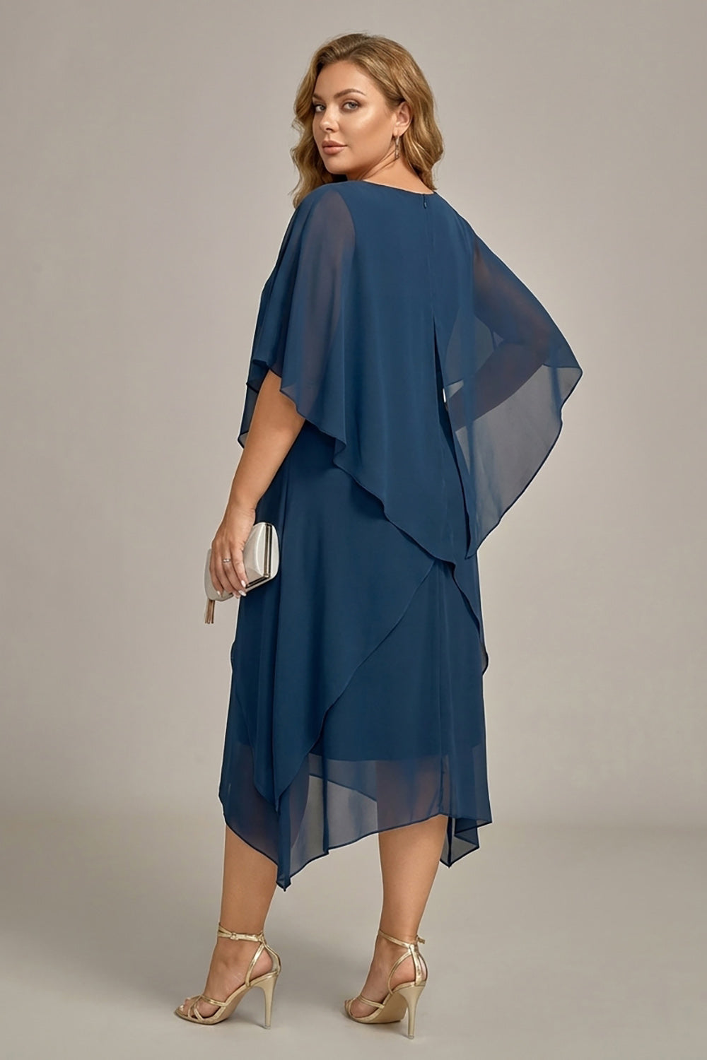 Navy Plus Size Chiffon A-Line Boat Neck Midi Mother of the Bride Dress