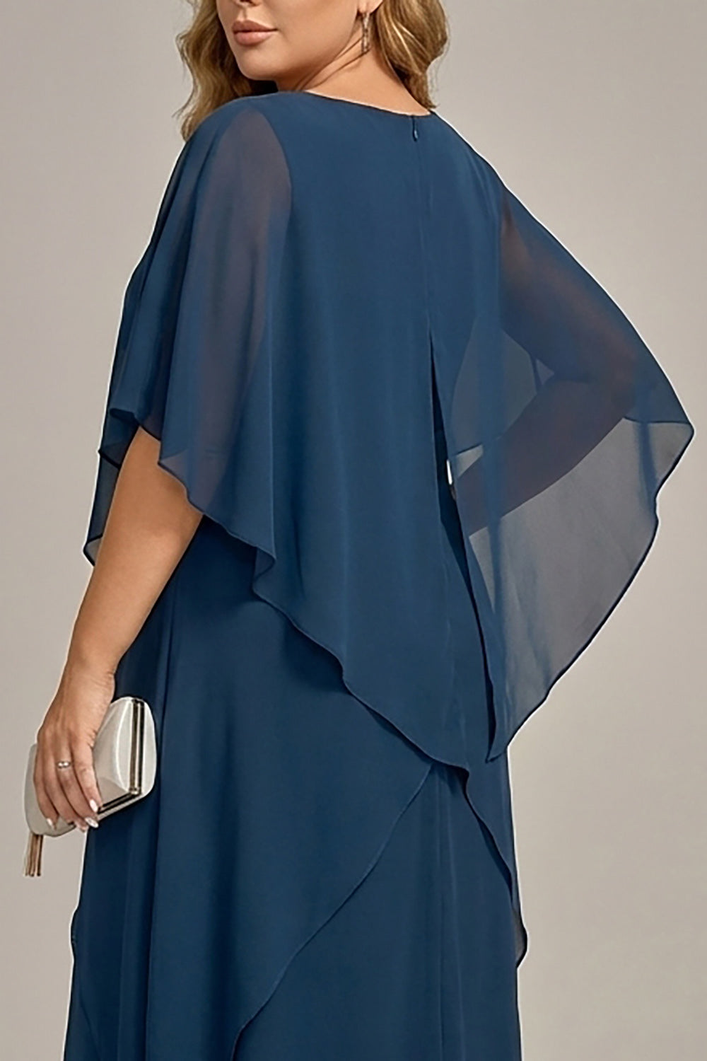 Navy Plus Size Chiffon A-Line Boat Neck Midi Mother of the Bride Dress