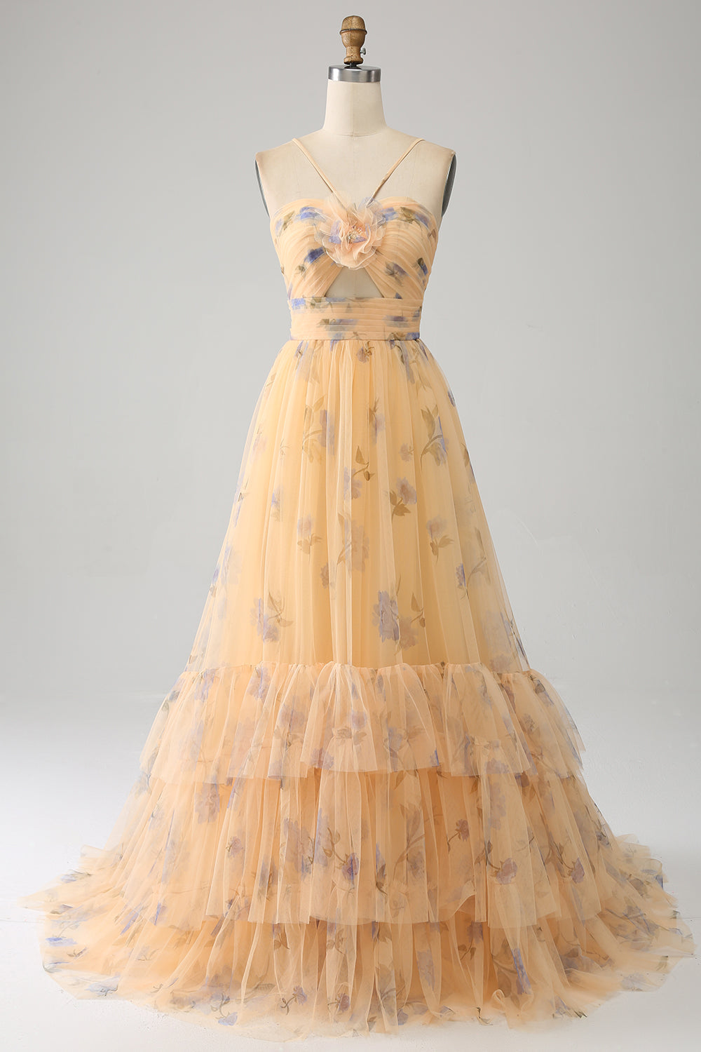 Robe de bal trapèze jaune à licou, plissée en tulle étagé et brodée