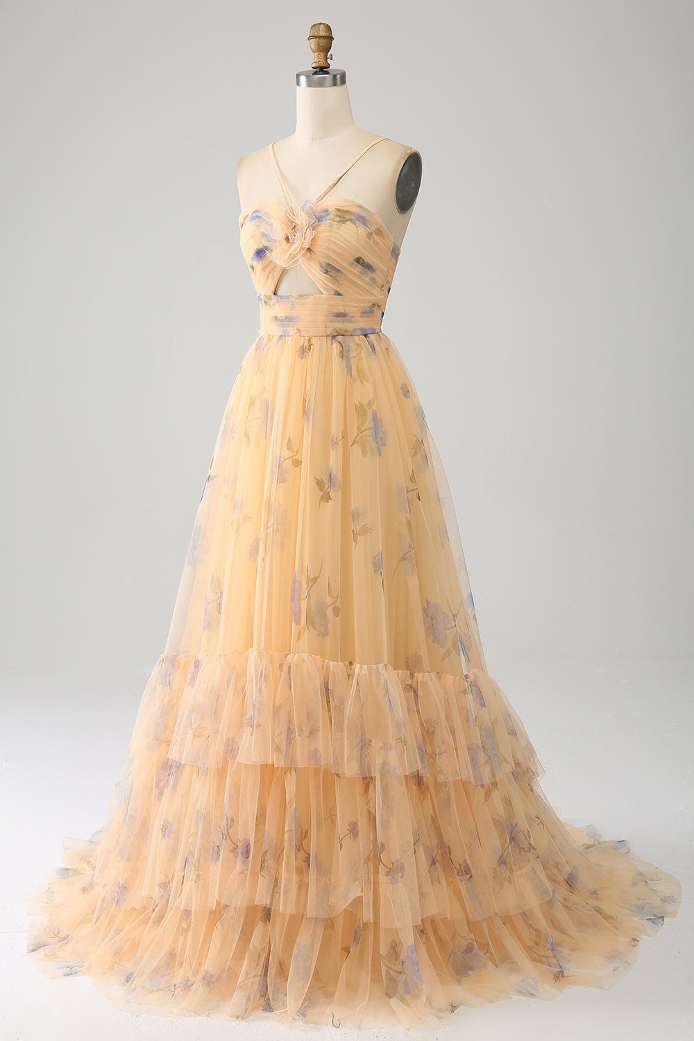 Robe de bal trapèze jaune à licou, plissée en tulle étagé et brodée