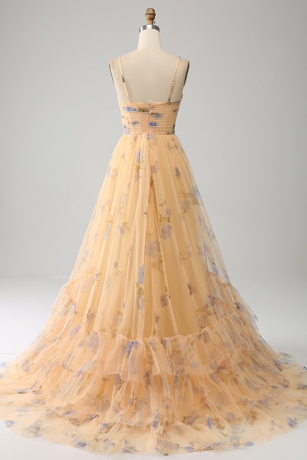 Robe de bal trapèze jaune à licou, plissée en tulle étagé et brodée
