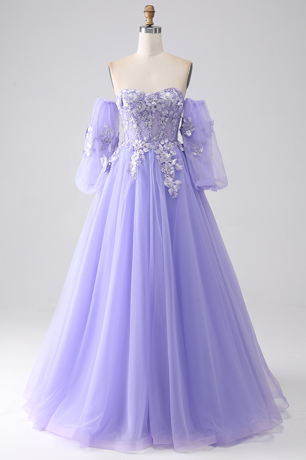 Robe de bal longue en tulle bustier coupe trapèze lavande avec manches