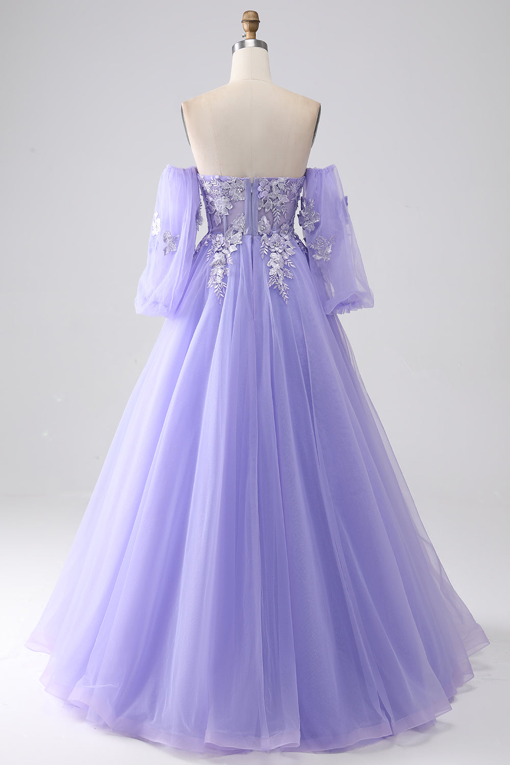 Robe de bal longue en tulle bustier coupe trapèze lavande avec manches