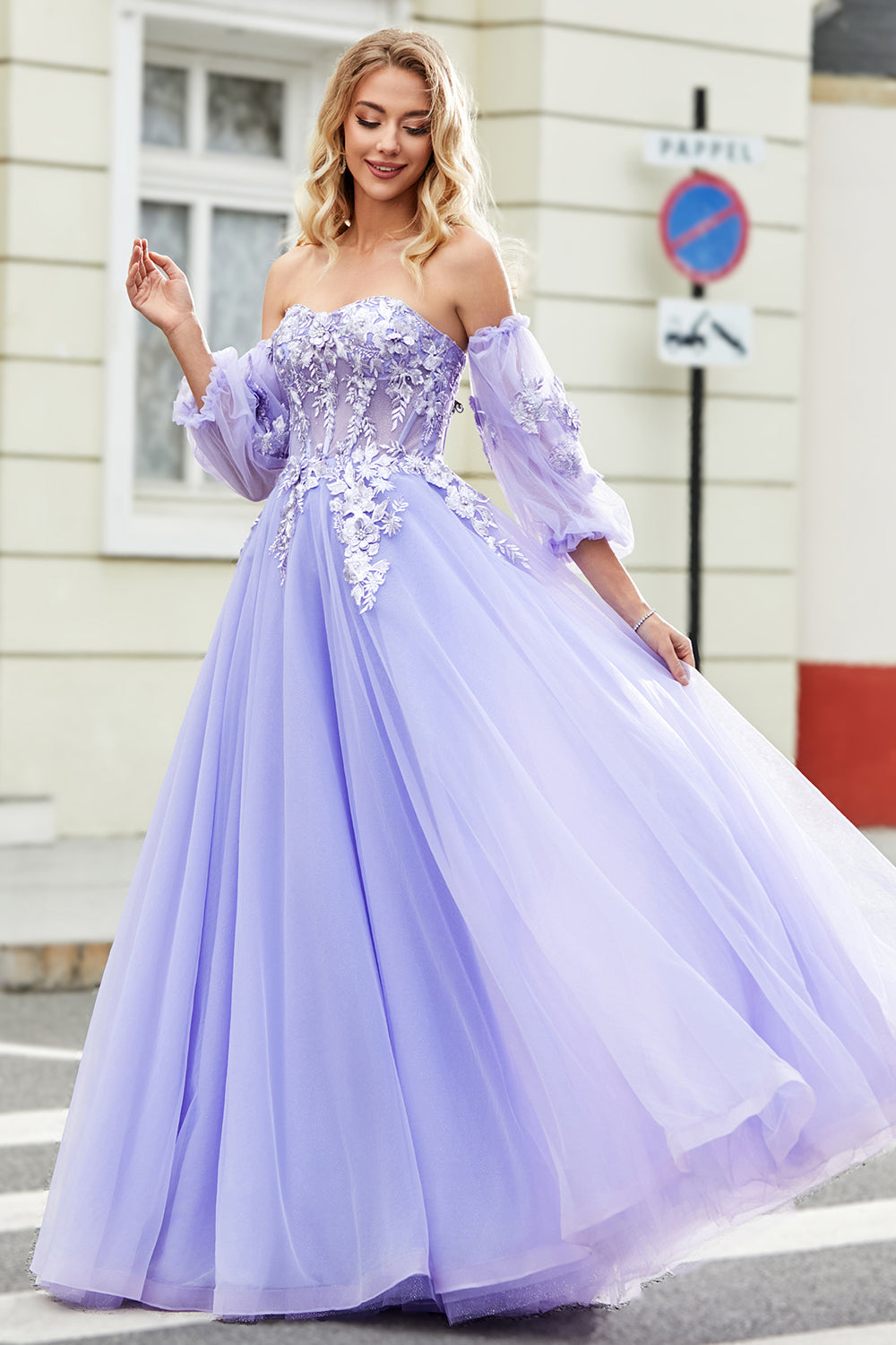 Magnifique Robe de Bal Lavande Corset Droite Épaules Dénudées avec Appliques