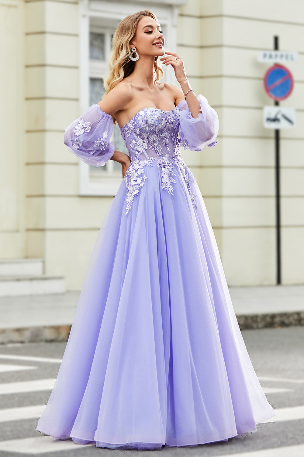 Magnifique Robe de Bal Lavande Corset Droite Épaules Dénudées avec Appliques