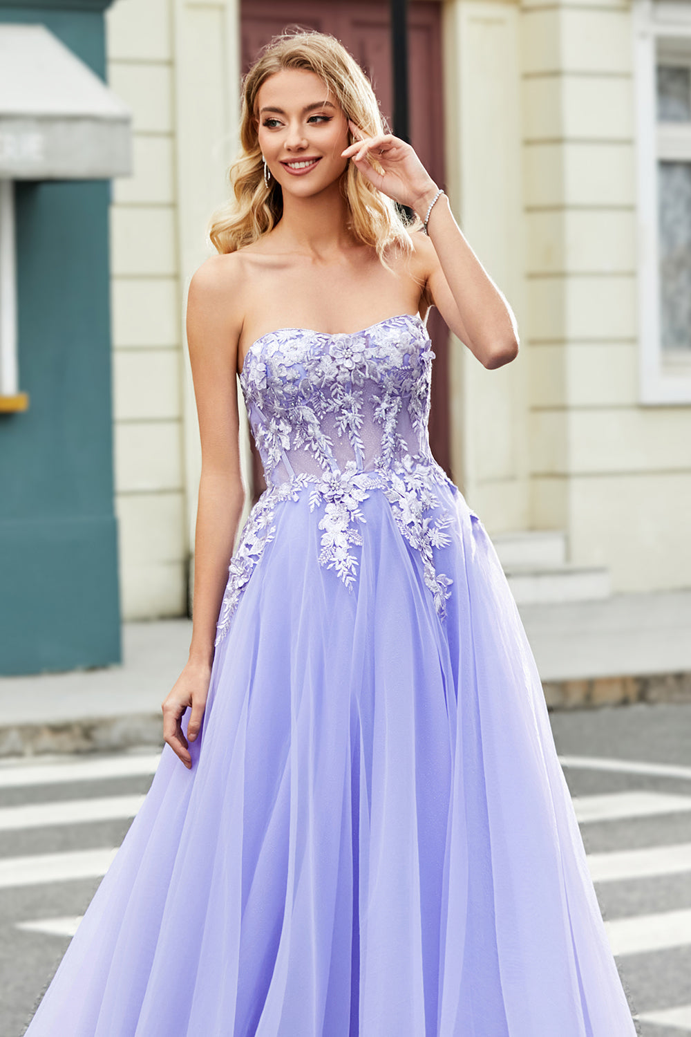 Magnifique Robe de Bal Lavande Corset Droite Épaules Dénudées avec Appliques