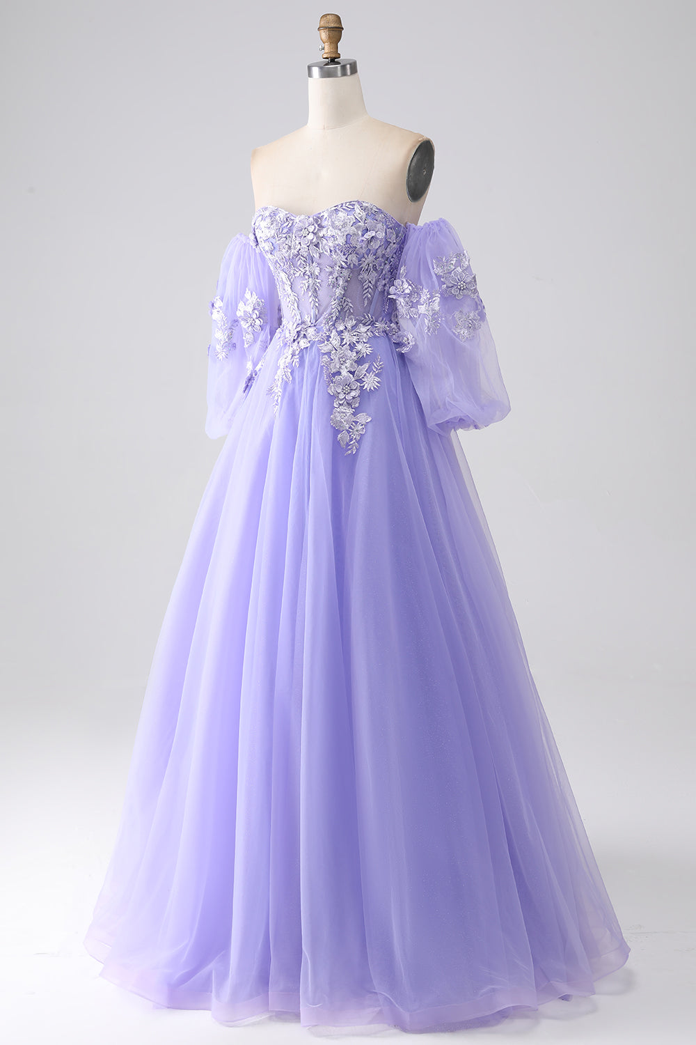 Robe de bal longue en tulle bustier coupe trapèze lavande avec manches