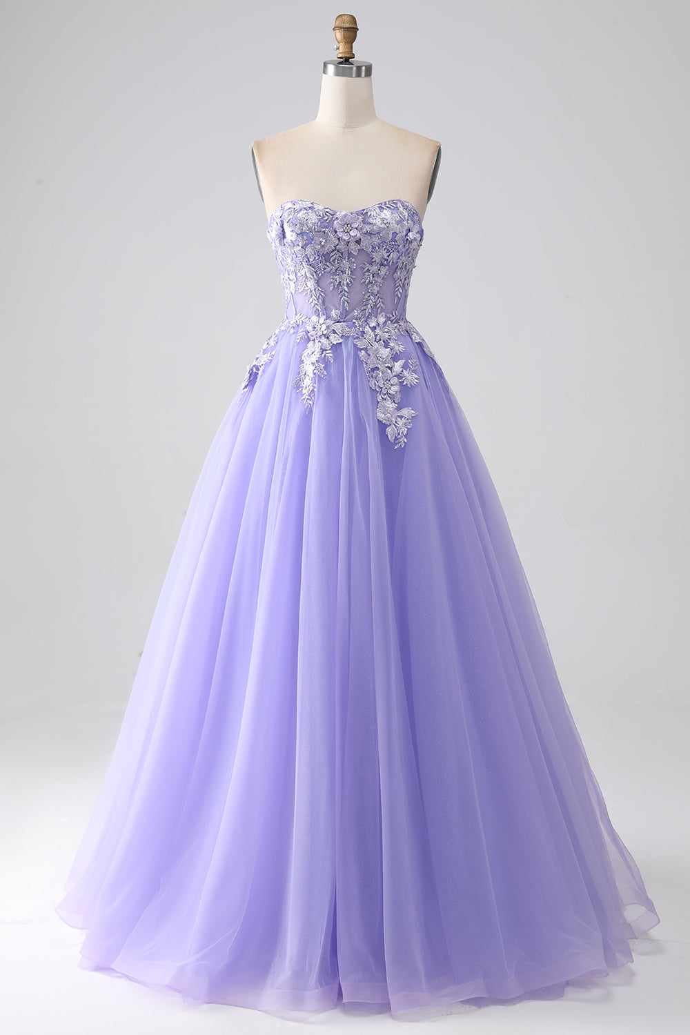Robe de bal longue en tulle bustier coupe trapèze lavande avec manches