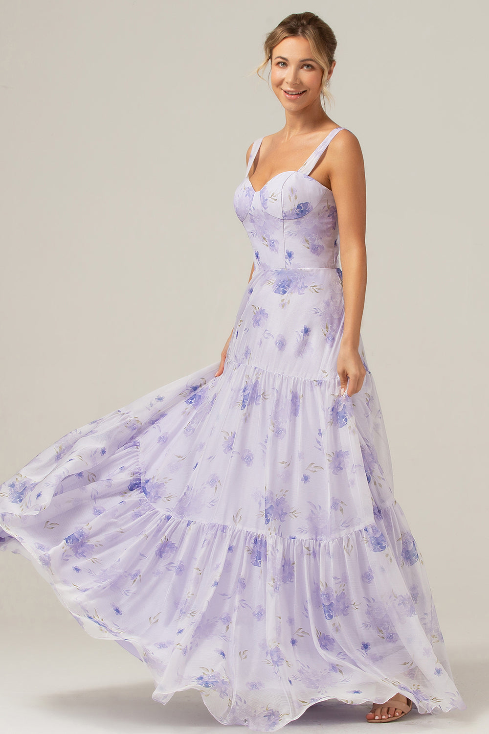 Robe longue de bal coupe trapèze à fleurs avec corset lilas