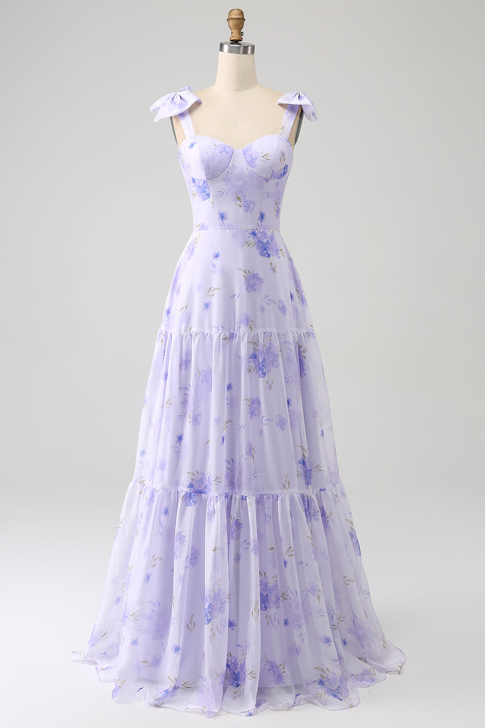 Robe longue de bal coupe trapèze à fleurs avec corset lilas