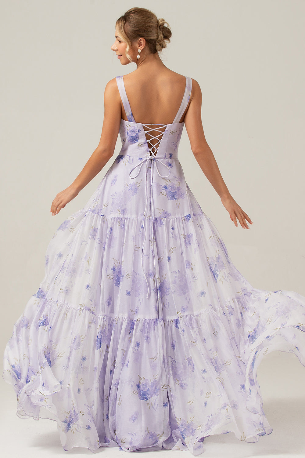 Robe longue de bal coupe trapèze à fleurs avec corset lilas
