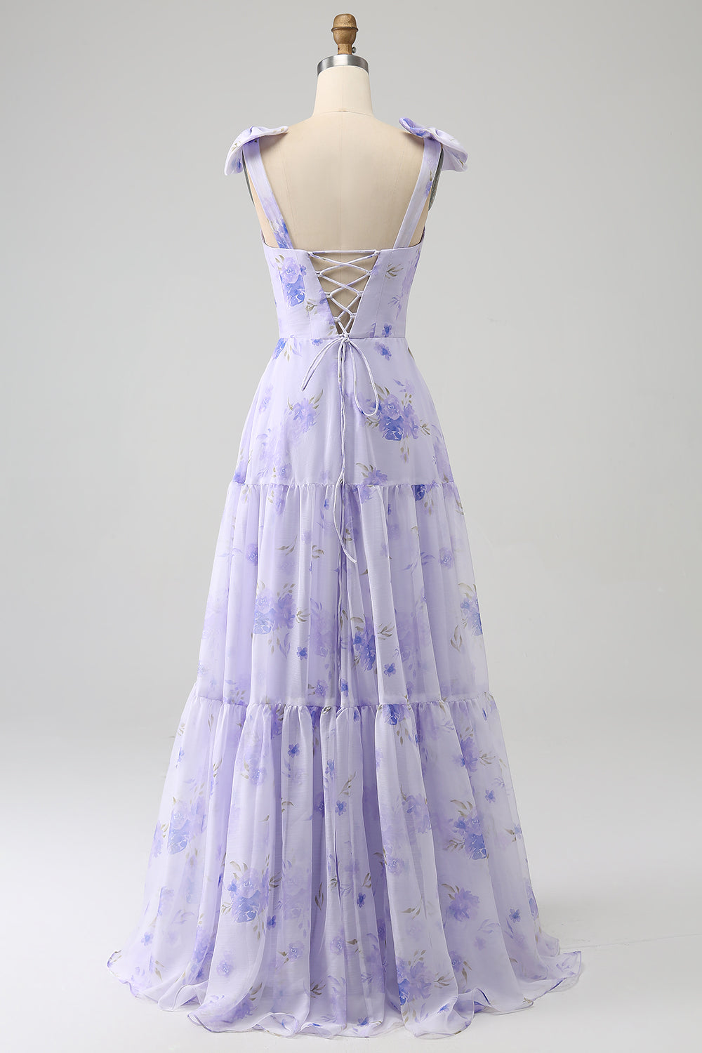Robe longue de bal coupe trapèze à fleurs avec corset lilas