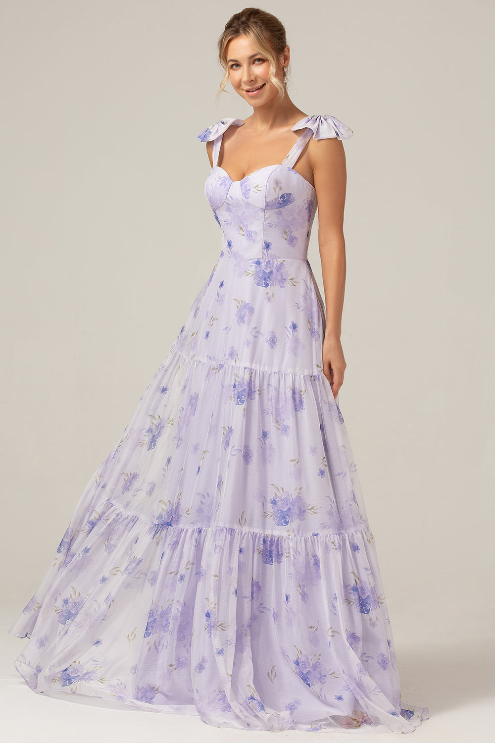 Robe longue de bal coupe trapèze à fleurs avec corset lilas