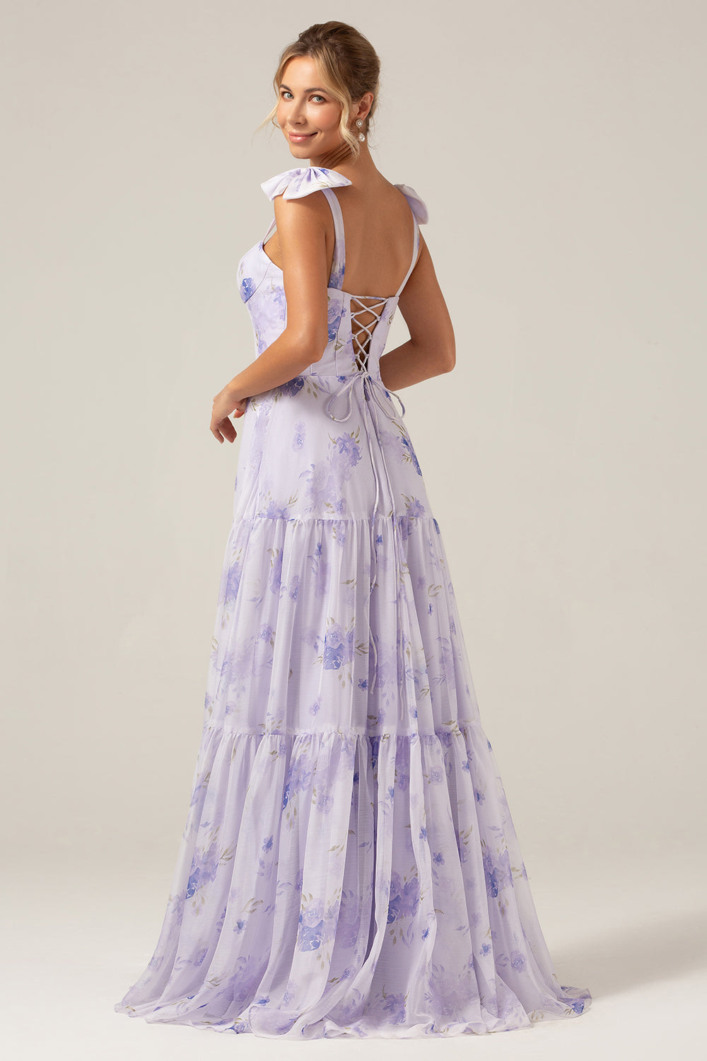 Robe longue de bal coupe trapèze à fleurs avec corset lilas