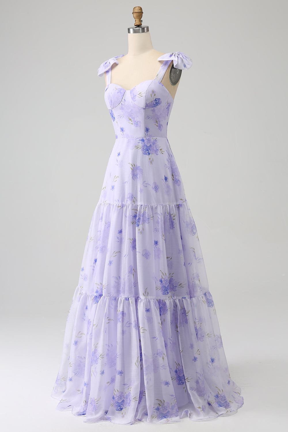 Robe longue de bal coupe trapèze à fleurs avec corset lilas