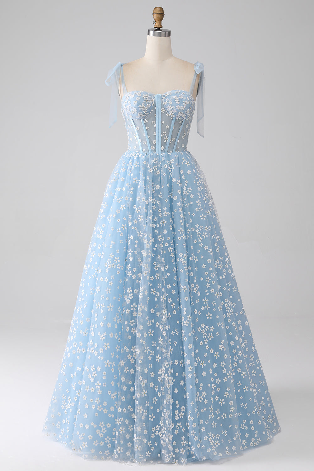 Robe de bal corset bleu ciel ligne A à fines bretelles