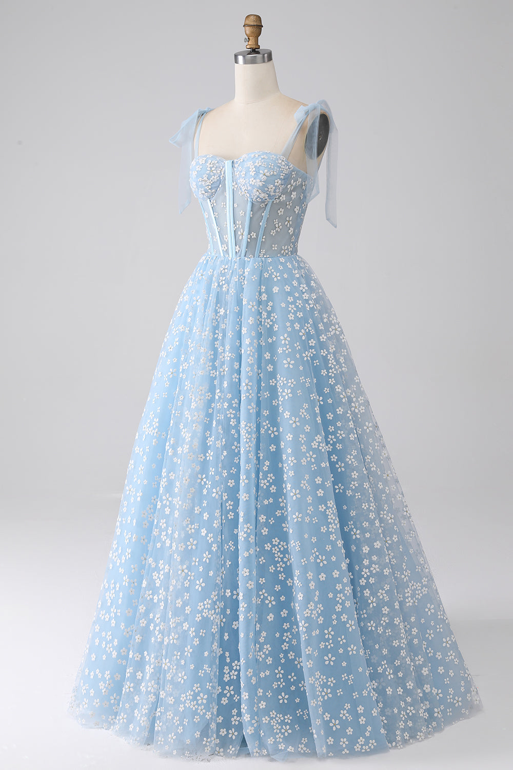 Robe de bal corset bleu ciel ligne A à fines bretelles