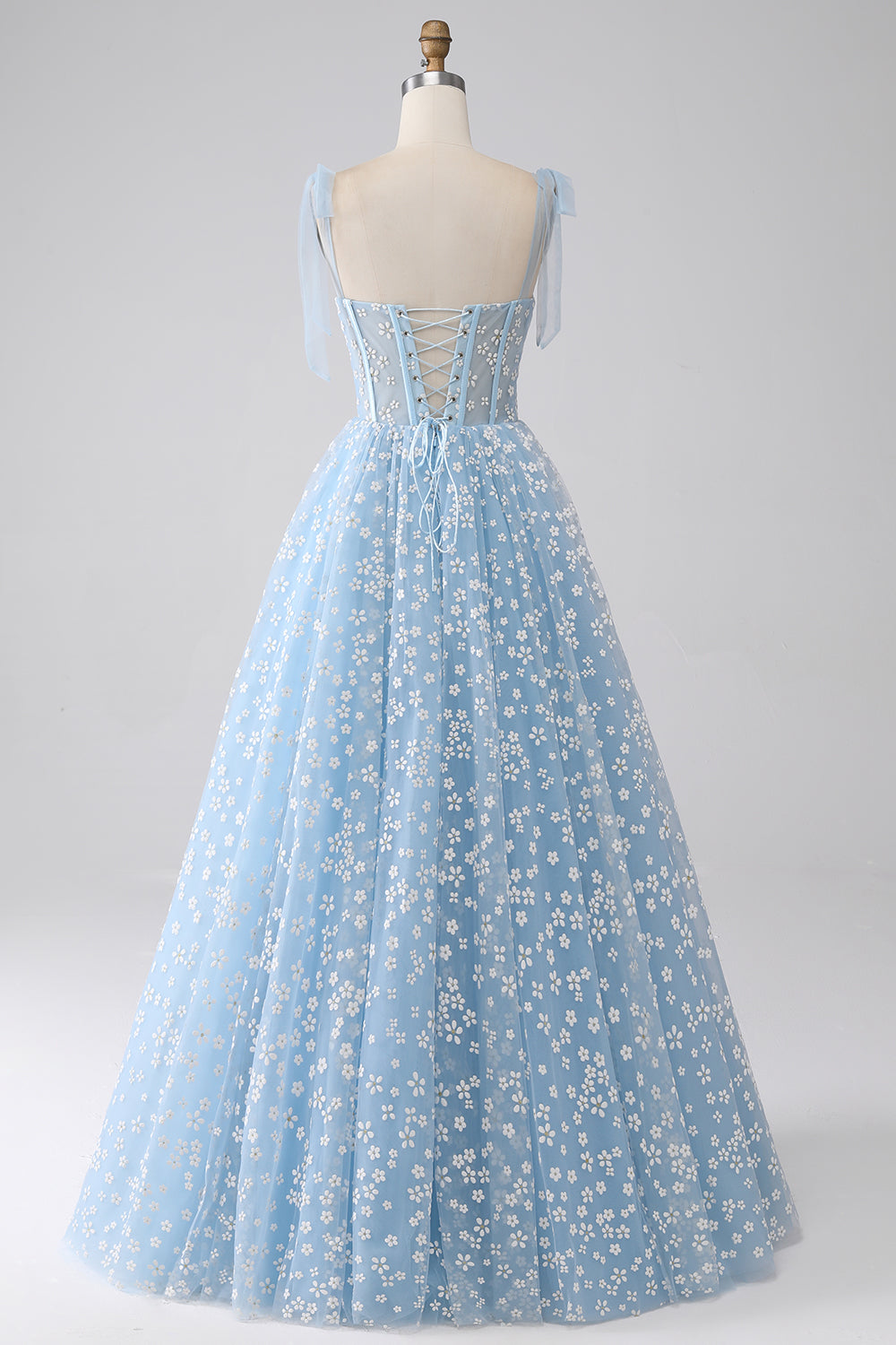 Robe de bal corset bleu ciel ligne A à fines bretelles