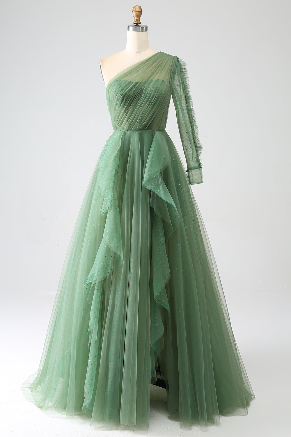 Robe De Bal Longue Vert Foncé Trapèze Asymétrique Épaules Dénudées Manches Longues