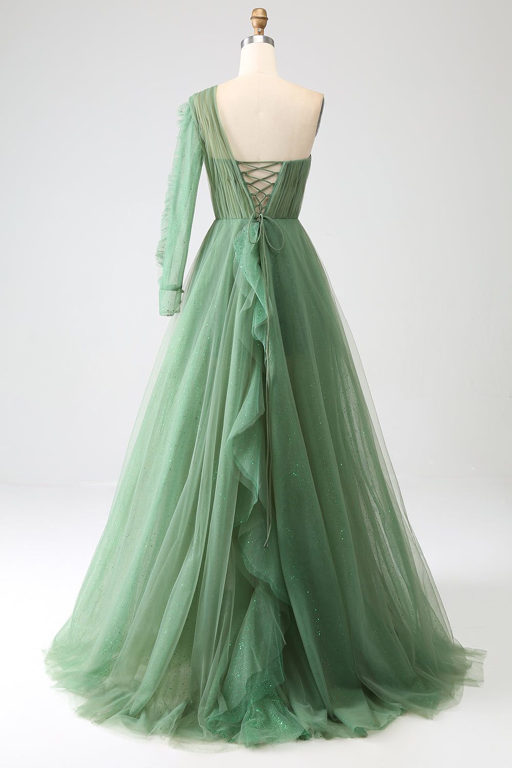 Robe De Bal Longue Vert Foncé Trapèze Asymétrique Épaules Dénudées Manches Longues