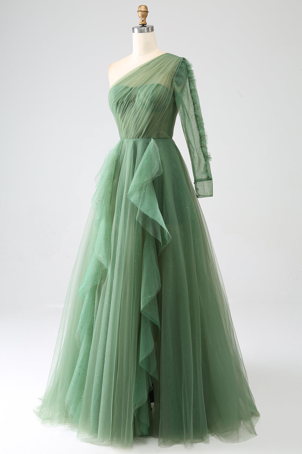 Robe De Bal Longue Vert Foncé Trapèze Asymétrique Épaules Dénudées Manches Longues