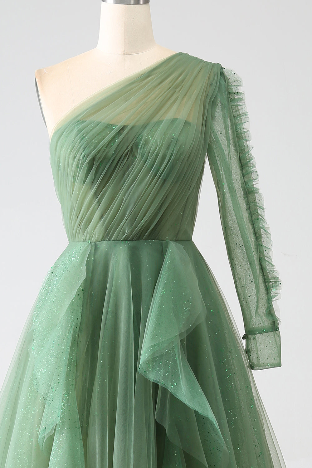 Robe De Bal Longue Vert Foncé Trapèze Asymétrique Épaules Dénudées Manches Longues