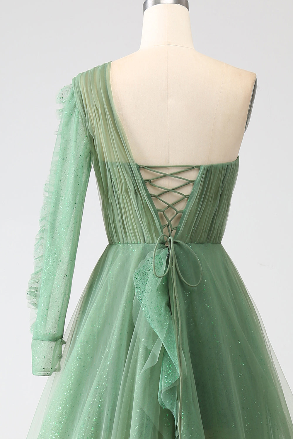 Robe De Bal Longue Vert Foncé Trapèze Asymétrique Épaules Dénudées Manches Longues