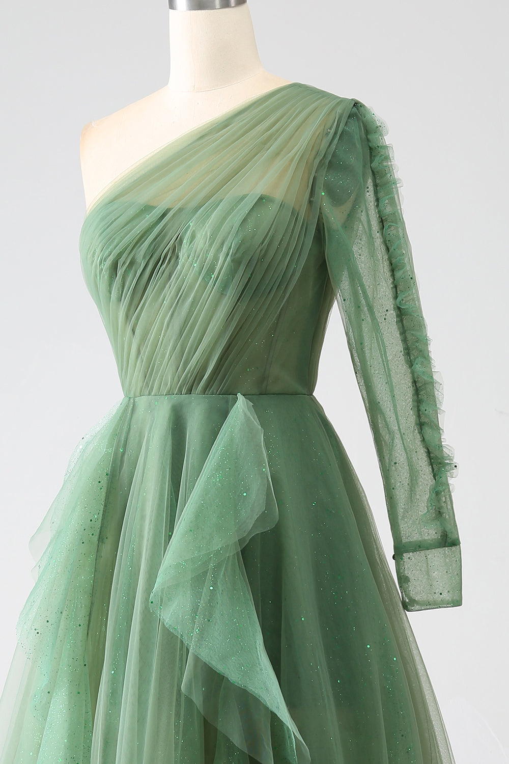 Robe De Bal Longue Vert Foncé Trapèze Asymétrique Épaules Dénudées Manches Longues