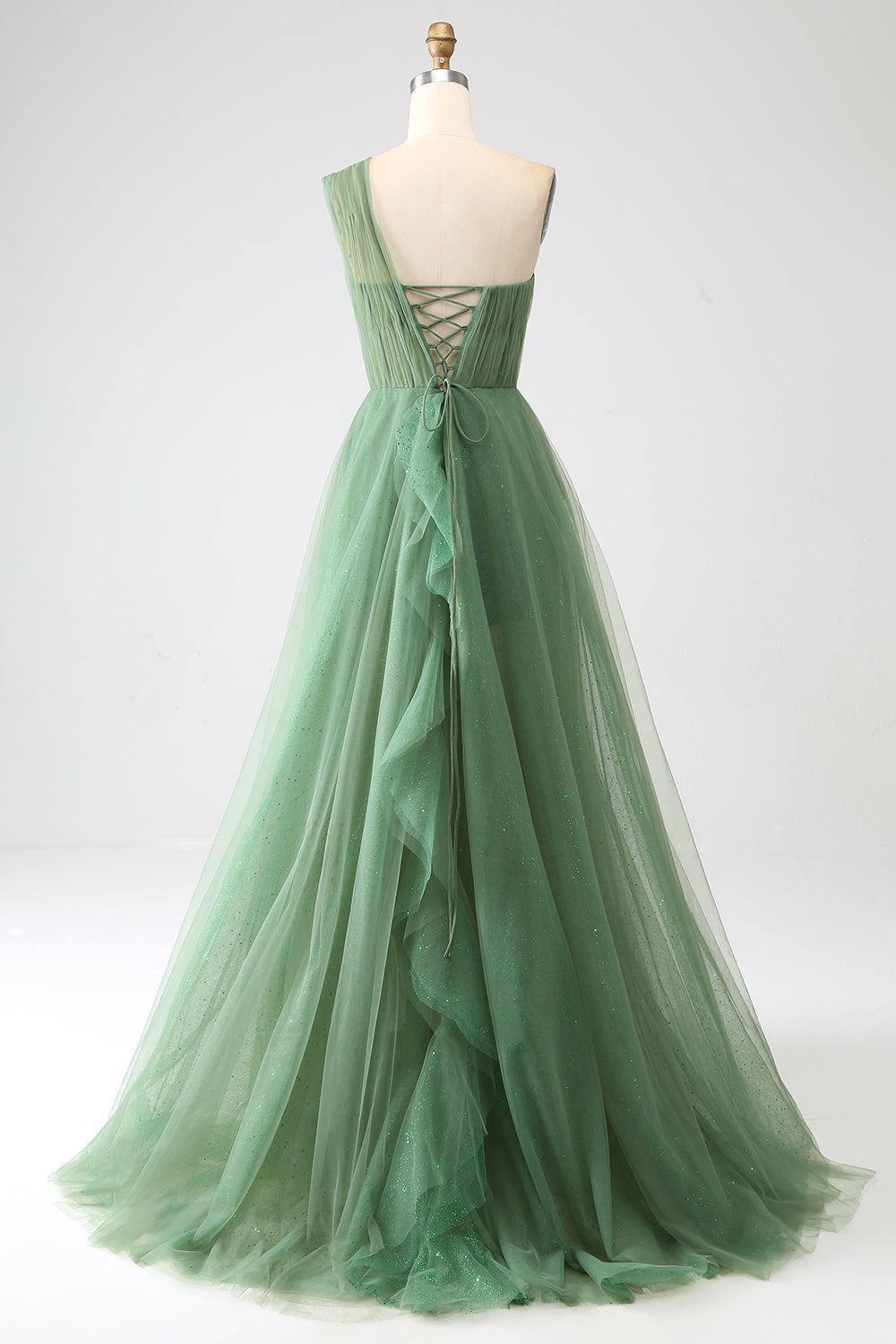 Robe de soirée longue trapèze asymétrique en tulle vert foncé