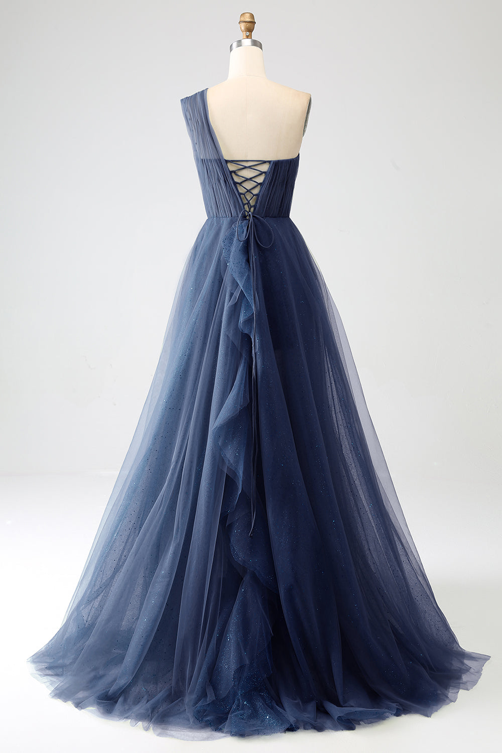 Robe de soirée longue trapèze asymétrique en tulle vert foncé
