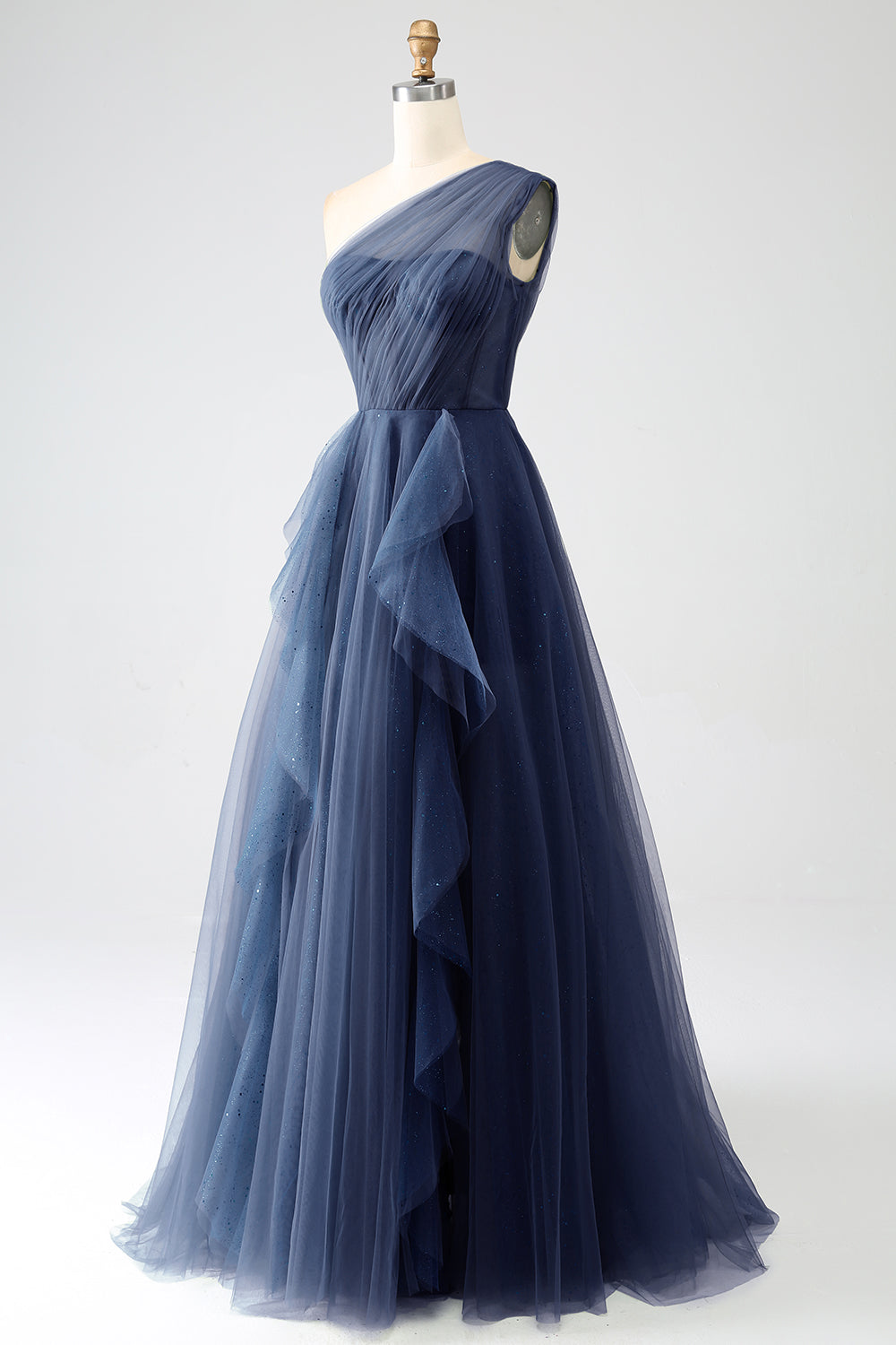 Robe de soirée longue trapèze asymétrique en tulle vert foncé