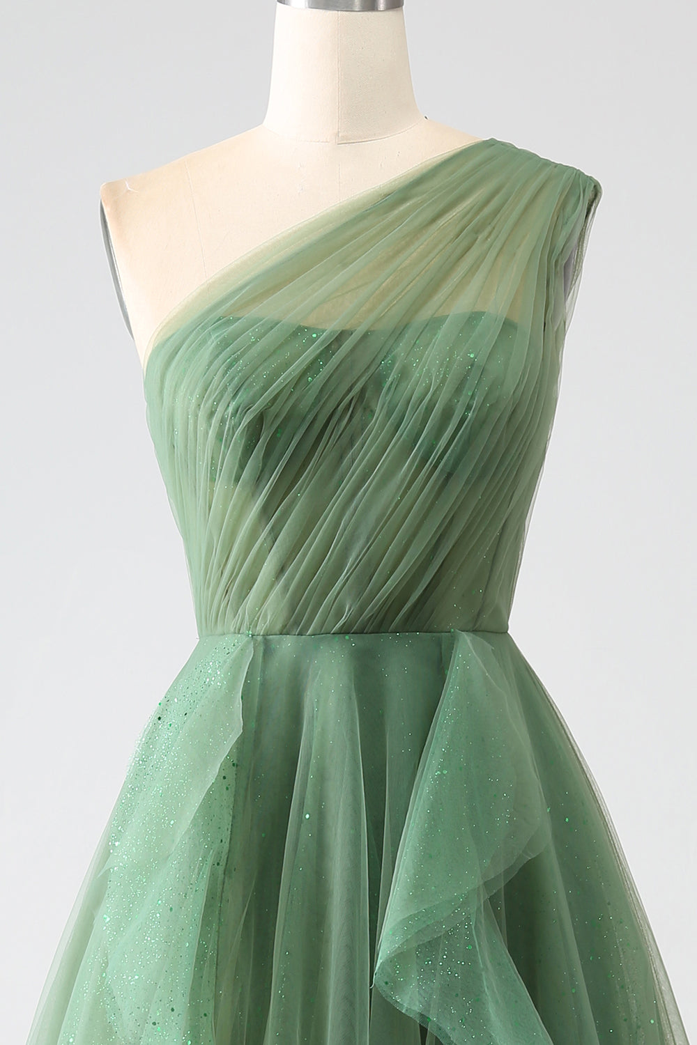 Robe de soirée longue trapèze asymétrique en tulle vert foncé