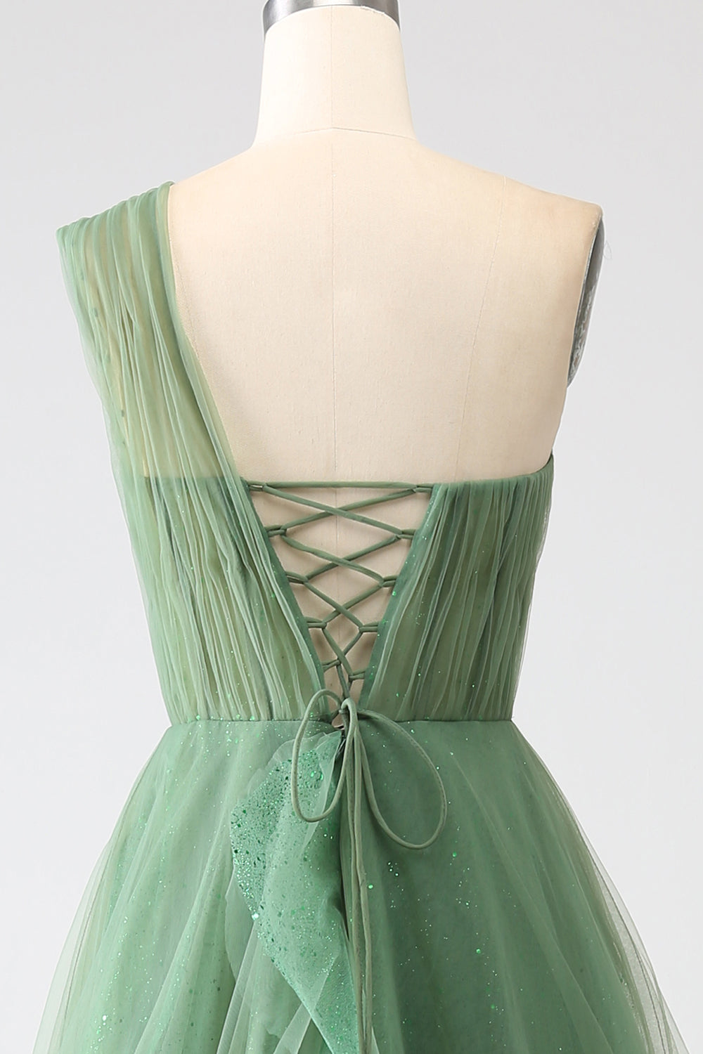 Robe de soirée longue trapèze asymétrique en tulle vert foncé