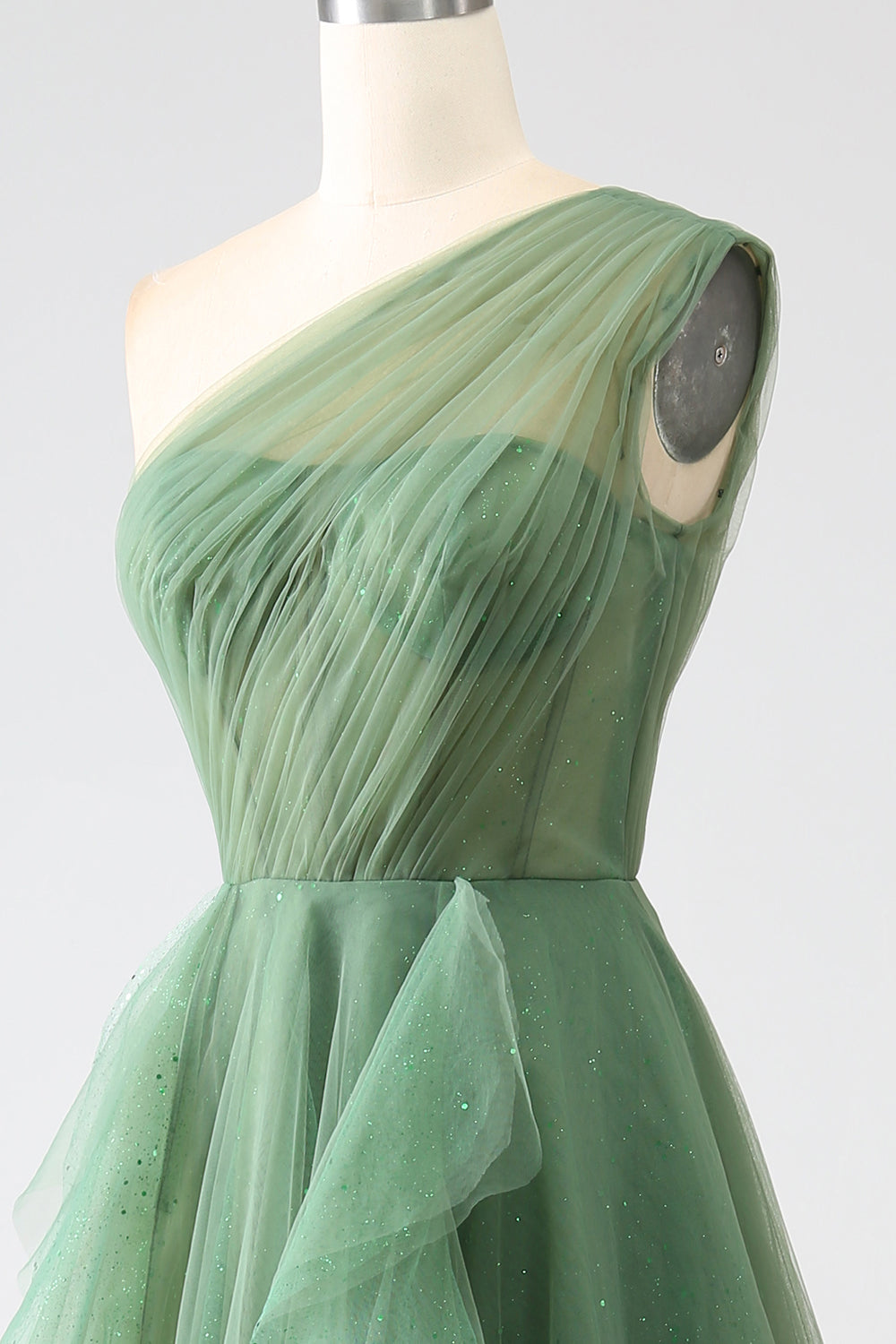 Robe de soirée longue trapèze asymétrique en tulle vert foncé