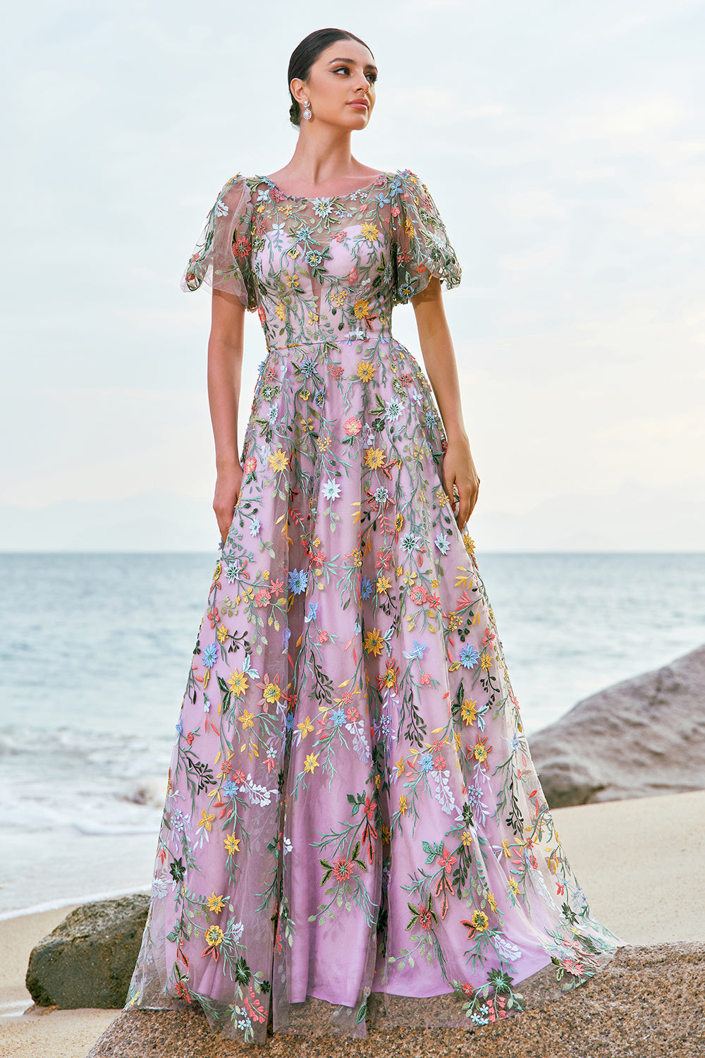 Mauve Ball Gown/Princess Long Embroidered Prom Dress with Short Sleeves