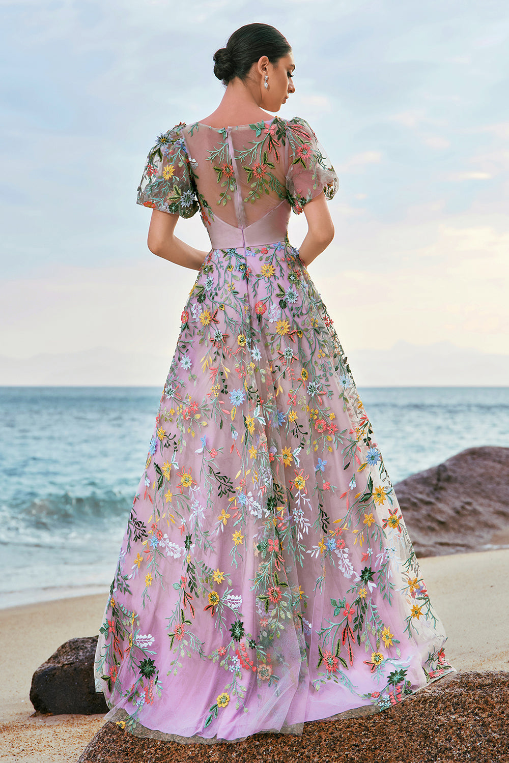 Mauve Ball Gown/Princess Long Embroidered Prom Dress with Short Sleeves