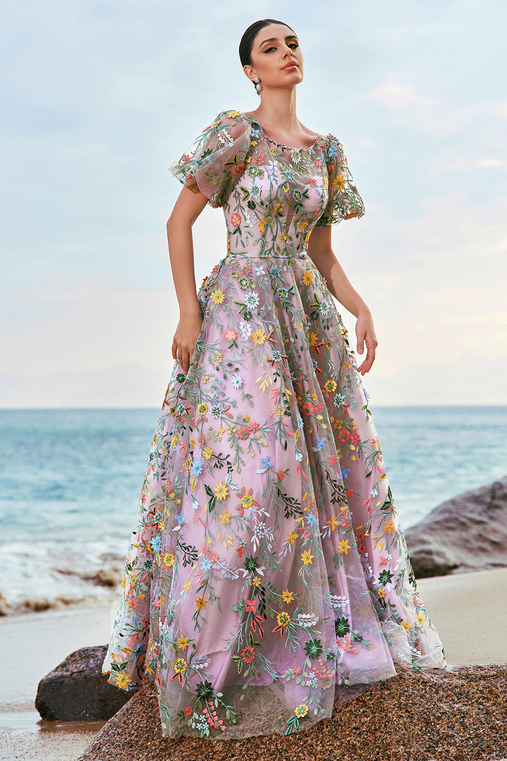 Mauve Ball Gown/Princess Long Embroidered Prom Dress with Short Sleeves