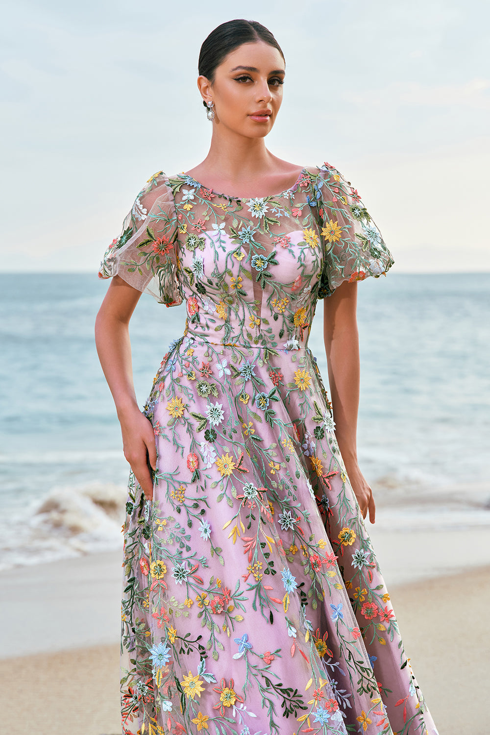 Mauve Ball Gown/Princess Long Embroidered Prom Dress with Short Sleeves