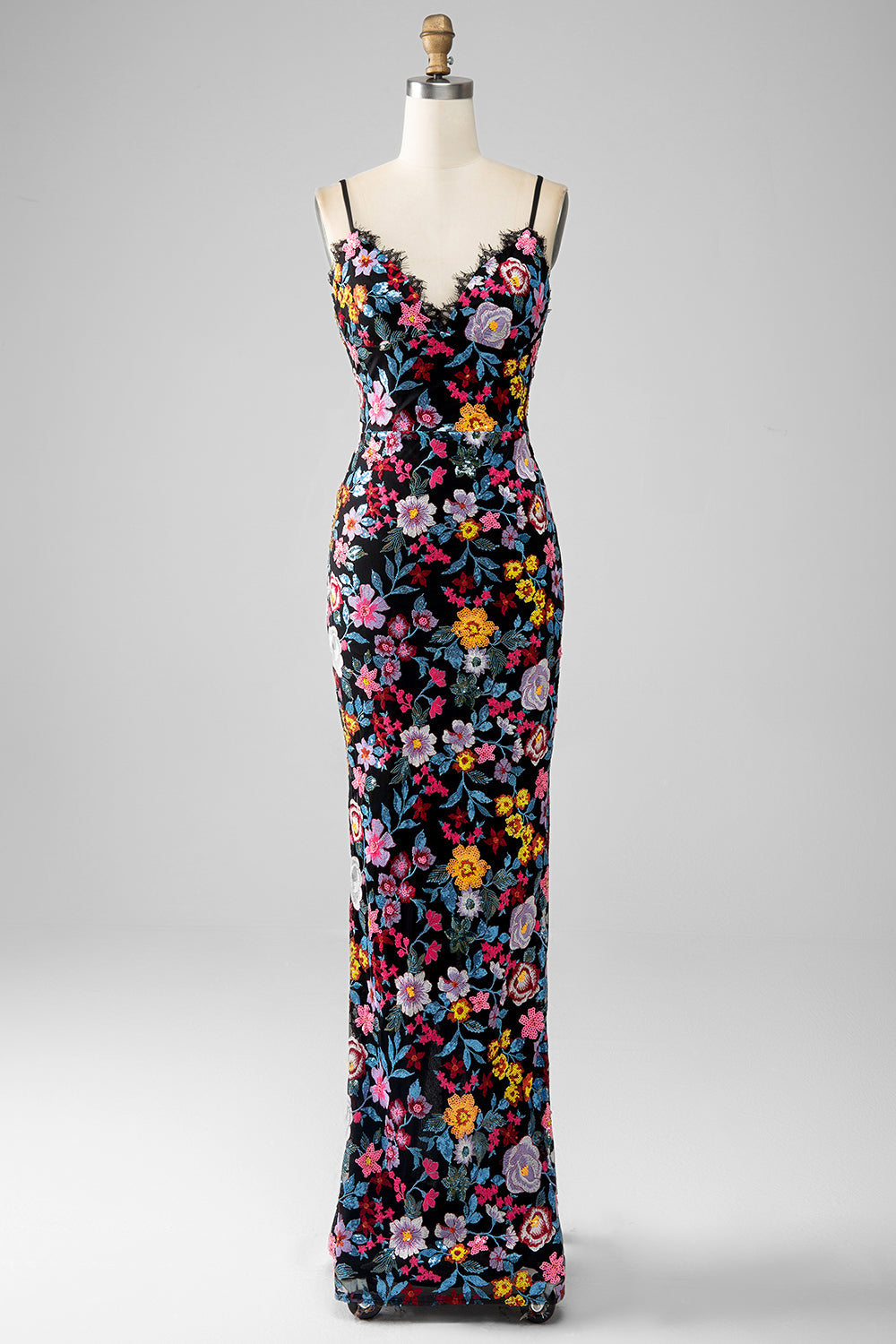 Robe de bal longue sirène noire à fines bretelles avec broderies et motif floral