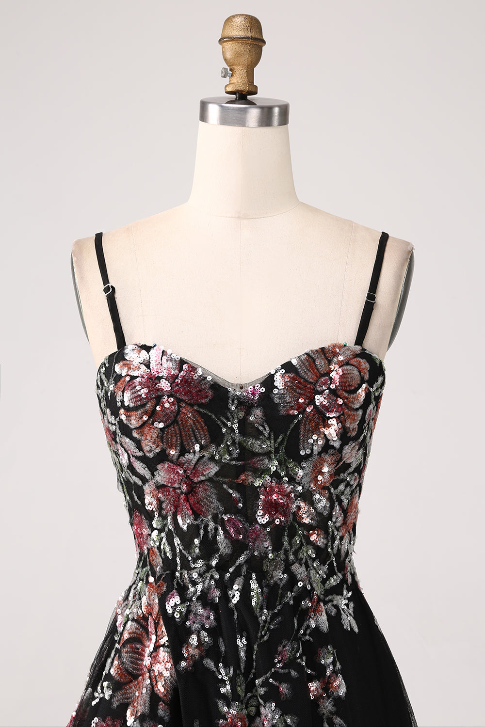 Black A-Line Flower Sequins Long Corset Prom Dress